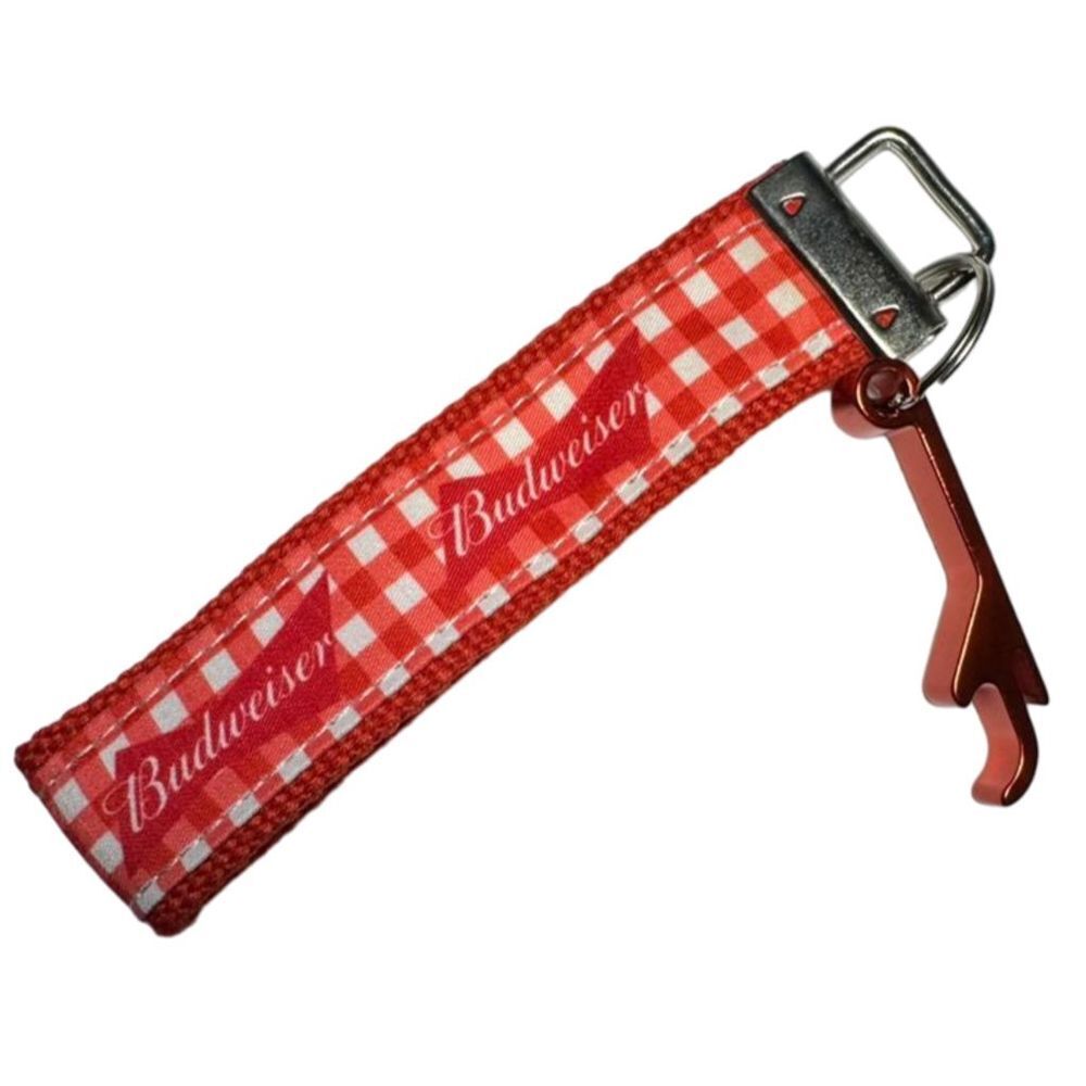Budweiser Gingham Checkered Fabric Keychain and Bottle Opener Red & White Unisex